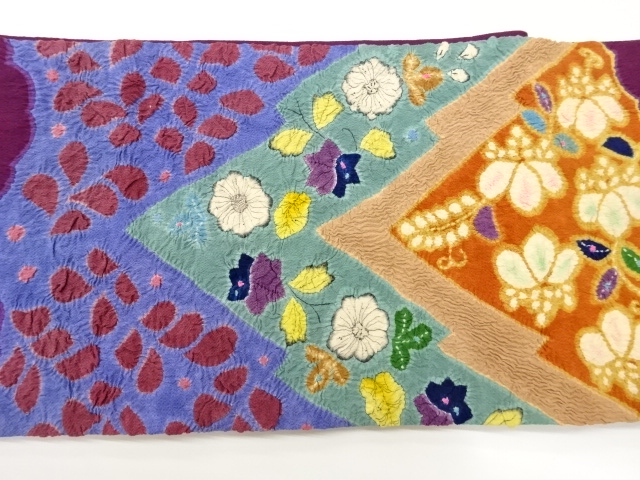  縮緬地絞り花々・葉模様開き名古屋帯（額縁仕立て）